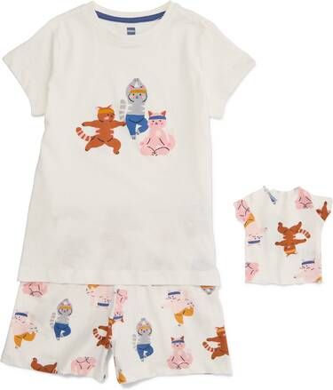 HEMA Kinder Shortama Poezen Met Poppennachtshirt Gebroken Wit(gebroken wit )