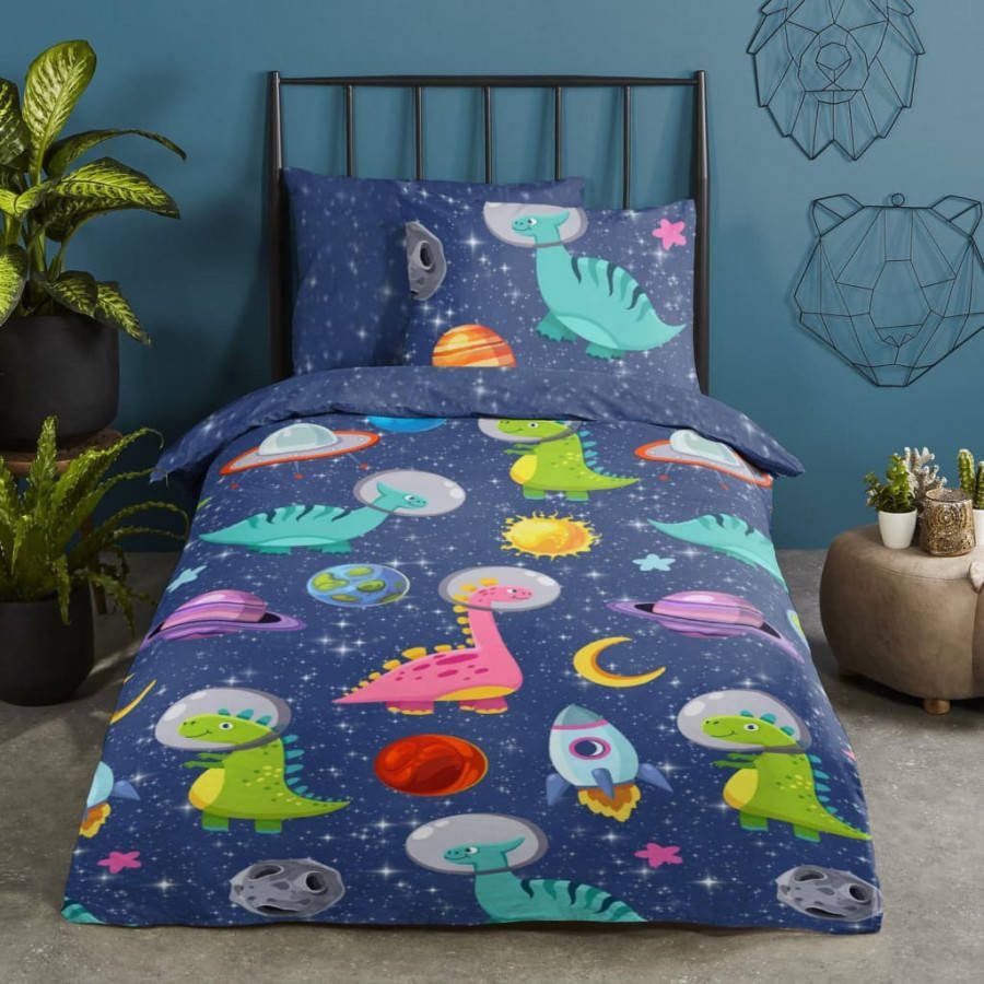 Good Morning Dinospace Dekbedovertrek Katoen 1 persoons(140x200/220 Cm + 1 Sloop) Blauw